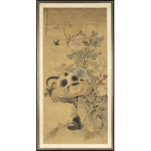 AN INK AND COLOURS ON SILK PAINTING WITH TWO CATS AMIDST FLOWERS, ROCKS AND BIRDS China, Qing dynasty, Tongzhi period