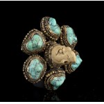 A STONE AND TURQUOISE INLAID METAL BROOCH China, 20th century