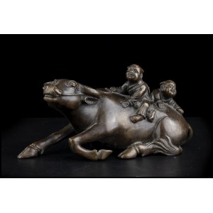 A BRONZE GROUP OF A BUFFALO WITH CHILDREN China, 19th century
