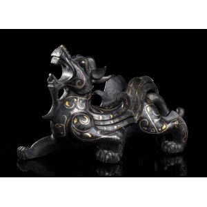 A GOLD AND SILVER INLAID BRONZE MYTHOLOGICAL ANIMAL China, 20th century