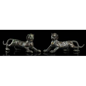 A PAIR OF GOLD AND SILVER INLAID BRONZE TIGERS China, 20th century