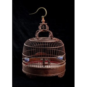 A BAMBOO BIRDCAGE WITH TWO ‘BLUE AND WHITE’ PORCELAIN BIRD FEEDERS China, 20th century