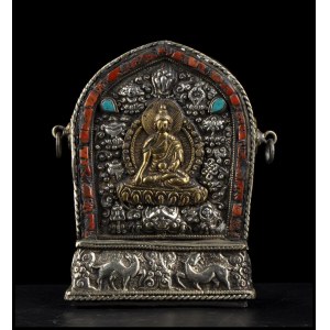 A HARDSTONE-INLAID METAL GAU Tibet, 20th century