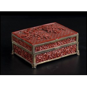 A LACQUERED WOOD BOX AND LID WITH BRASS MOUNTING the box China, Qing dynasty, 19th century; the mount France, late 19th-early 20th century