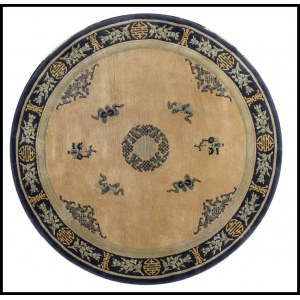 A OCHRE GROUND CIRCULAR CARPET WITH SHOU CHARACTER AND OBJECTS China, 20th century