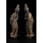 A PAIR OF HINOKI CYPRESS WOOD FIGURES OF KANNON WITH TRACES OF GILDING Japan, Edo period