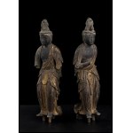 A PAIR OF HINOKI CYPRESS WOOD FIGURES OF KANNON WITH TRACES OF GILDING Japan, Edo period