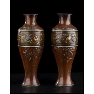 A PAIR OF MIXED METAL INLAID BRONZE BALUSTER VASES Japan, Meiji period