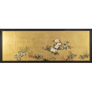 AN INK, COLOURS AND GOLD LEAF ON PAPER SIX-PANEL SCREEN WITH FLOWERS OF THE FOUR SEASONS Japan, Edo period, 18th century