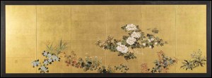 AN INK, COLOURS AND GOLD LEAF ON PAPER SIX-PANEL SCREEN WITH FLOWERS OF THE FOUR SEASONS Japan, Edo period, 18th century