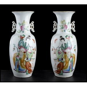 A PAIR OF POLYCHROME ENAMELLED PORCELAIN BALUSTER LARGE VASES WITH FIGURES China, 20th century