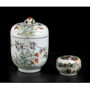 TWO POLYCHROME ENAMELLED PORCELAIN CONTAINERS AND LID China, 20th century