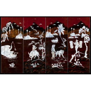 FOUR MOTHER-OF-PEARL INLAID LACQUERED WOOD PANELS Vietnam, 20th century