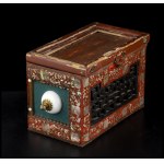 A LACQUERED AND MOTHER-OF-PEARL INLAID WOOD BOX WITH PORCELAIN KNOBS AND BRONZE FITTINGS China, 20th century