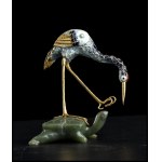 FOUR SMALL PARTIALLY GILT AND ENAMELLED METAL WITH HARDSTONE AND WOOD BASES SCULPTURES OF BIRDS China, 20th century
