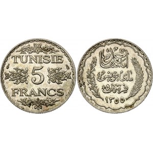 Tunisia 5 Francs 1936 AH 1355