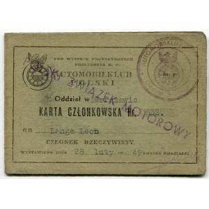 Automobilklub Polski. Karta członkowska [Warszawa 1949]