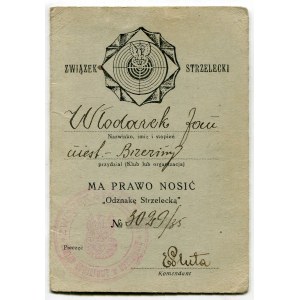 Związek Strzelecki. Pozwolenie noszenia Odznaki Strzeleckiej [Brzeziny 1935]