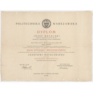 Politechnika Warszawska. Dyplom ukończenia studiów na Wydziale Mechanicznym [1930]