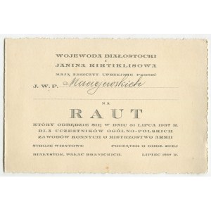 [Maciejowski] Zaproszenie dla Józefa Maciejowskiego (1897-1945) na raut dla uczestników Ogólnopolskich Zawodów Konnych o Mistrzostwo Armii [Białystok 1937]