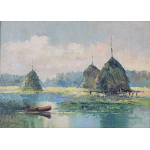 Jerzy POTRZEBOWSKI (1921-1974), Landschaft mit einem Boot und Zigarren