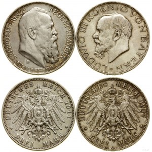 Německo, sada: 2 x 3 marky, 1911, 1914, Mnichov