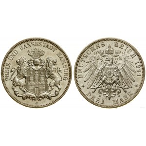 Germany, 3 marks, 1911 J, Hamburg