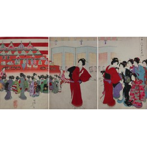 Toyohara Chikanobu, Puppet Festival from the series Chiyoda no o-oku - triptych