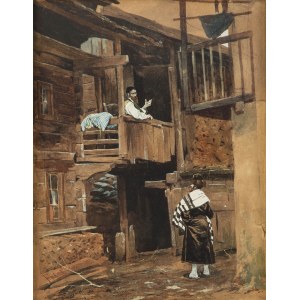 Julian Fałat (1853 Tuligłowy - 1929 Bystra), Scena warszawska - Żyd przed domem, 1880 r.