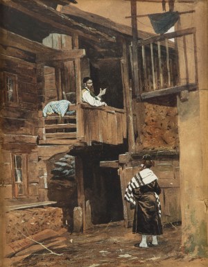 Julian Fałat (1853 Tuligłowy - 1929 Bystra), Scena warszawska - Żyd przed domem, 1880 r.