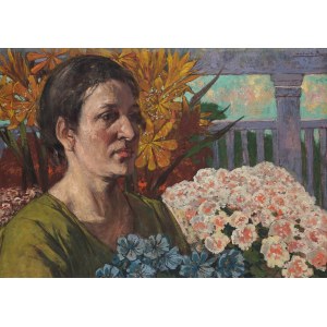 Ludwik Stasiak (1858 Bochnia - 1924 there), Portrait of the artist's wife among flowers