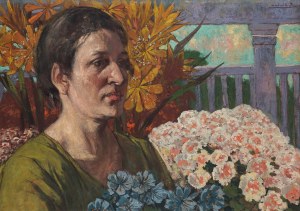 Ludwik Stasiak (1858 Bochnia - 1924 there), Portrait of the artist's wife among flowers