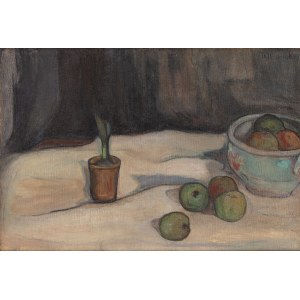 Władysław Ślewiński (1854 Białynin - 1918 Paryż), Martwa natura z misą owoców i małą doniczką, 1904