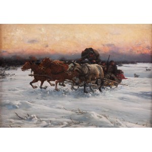 Alfred Wierusz-Kowalski (1849 Suwałki - 1915 Mnichov), Trójka ścigana przez wilki (Útěk před vlky), po/or 1894