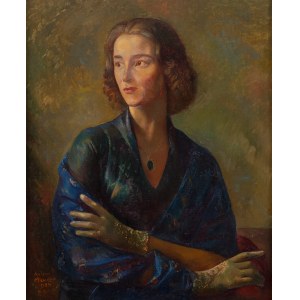 Antoni Michalak (1899 Kozłów Szlachecki - 1975 Varšava), Portrét ženy s kobaltovou šatkou, 1959