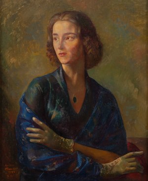 Antoni Michalak (1899 Kozłów Szlachecki - 1975 Warszawa), Portret kobiety z kobaltowym szalem, 1959