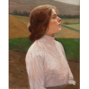Antoni Piotrowski (1853 Nietulisko Duże near Kunów - 1924 Warsaw), Girl against a landscape background