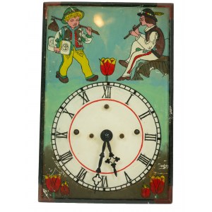 Zegar naścienny, nakręcany [sprawny] w typie szwarcwaldzkim z rysunkiem na szkle z motywem góralskim, RZADKIE