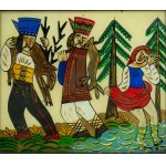 Glasmalerei Powrót z polowania, von Janina Mak, Zakopane, CEPELIA Genossenschaft der Arbeiter des Volks- und Kunsthandwerks, f. 29,5 x 26cm