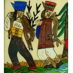 Obraz na szkle Powrót z polowania, autorka: Janina Mak, Zakopane, Spółdzielnia Pracy Wytwórców Rękodzieła Ludowego i Artystycznego CEPELIA, f. 29,5 x 26cm