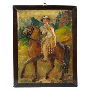 CHROBAK J. - płaskorzeżba malowana Góral na koniu, drewno, datowana 6.XII.1941r.