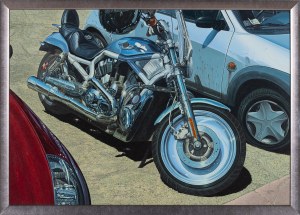 Andrzej Sadowski, Sardinia - Porto Cervo - Parking lot with blue and silver Harley-Davidson and gray Ford 