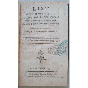 Szaniawski J.K., List odpowiedni... względem ustawy rządowey, 1792