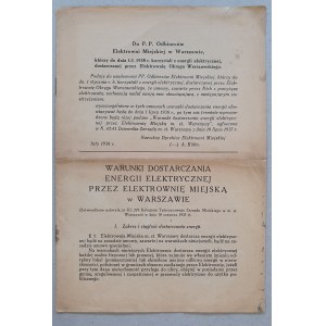 Bedingungen für die Lieferung von Elektrizität durch El. Stadt [Warschau, 1938].
