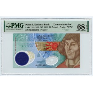 20 złotych 2022 Mikołaj Kopernik - banknot polimerowy - PMG 68 EPQ - niski numer 0000476
