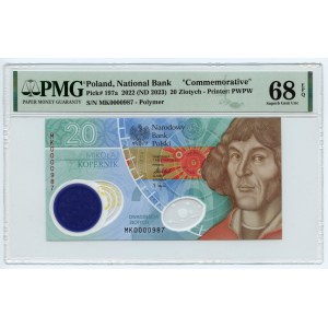 20 zlotých 2022 Mikuláš Koperník - polymerová bankovka - PMG 68 EPQ - nízké číslo 0000987