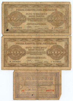 1 marka polska 1919 ser. PH oraz 2 x 100.000 marek polskich 1922 ser. A