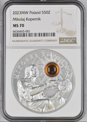 50 zlotys 2023 Nicolaus Copernicus coin with amber - NGC PF 70 ULTRA CAMEO