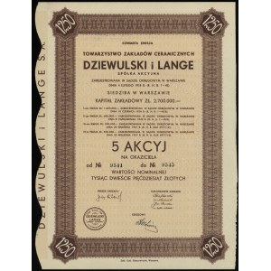 Polska, 5 akcji po 250 złotych = 1.250 złotych, 1937, Warszawa