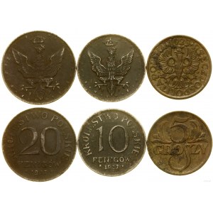 Poľsko, sada: 10 fenigov 1917 F, 20 fenigov 1917 F, 5 halierov 1923, Stuttgart a Varšava